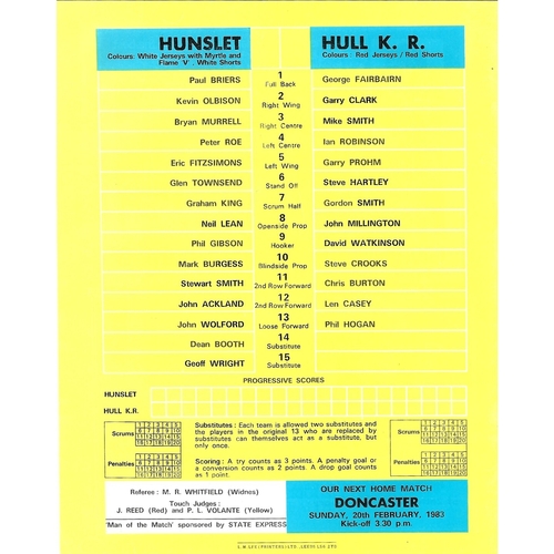 1982/83 Hunslet v Hull Kingston Rovers Rugby League Challenge Cup 1st Round programme