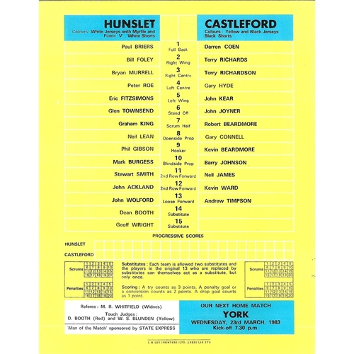 1982/83 Hunslet v Castleford Rugby League Challenge Cup 3rd Round programme