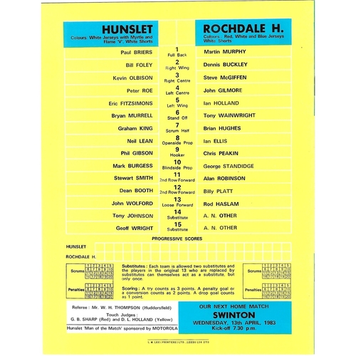 1982/83 Hunslet v Rochdale Hornets Rugby League programme