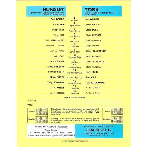 1982/83 Hunslet v York Rugby League programme