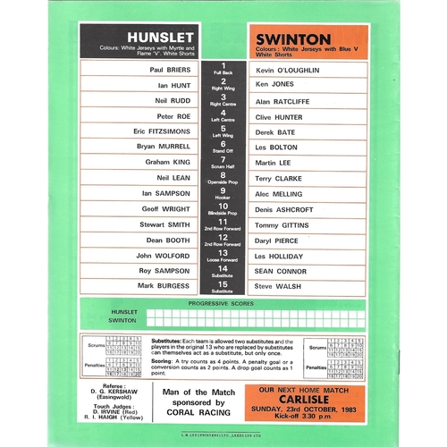 1983/84 Hunslet v Swinton Rugby League programme