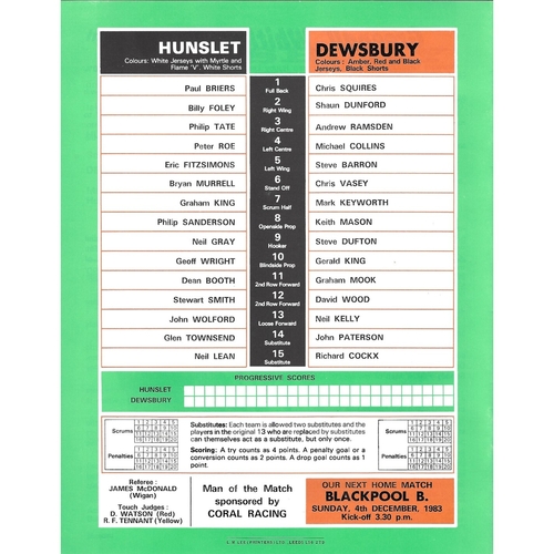 1983/84 Hunslet v Dewsbury Rugby League programme