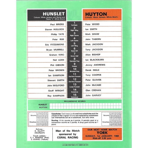1983/84 Hunslet v Huyton Rugby League programme