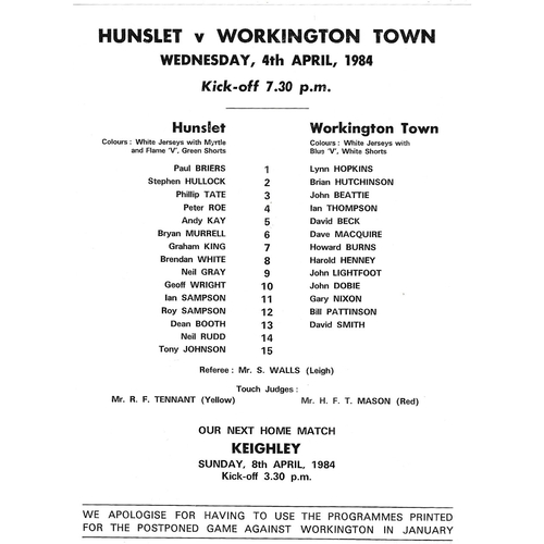 1983/84 Hunslet v Workington Town Rugby League Team Sheet