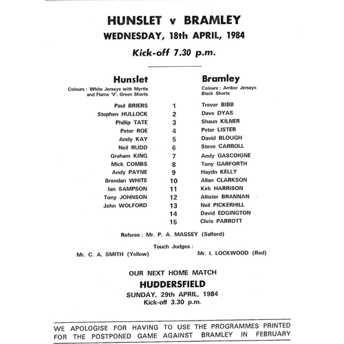 1983/84 Hunslet v Bramley Rugby League Team Sheet