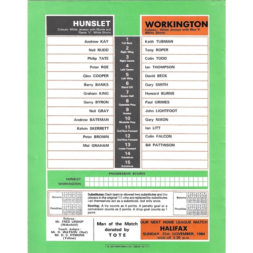 1984/85 Hunslet v Workington Town John Player Special Trophy Preliminary Round Rugby League programme