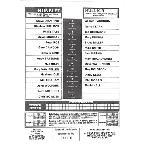 1984/85 Hunslet v Hull Kingston Rovers Rugby League Team Sheet/programme