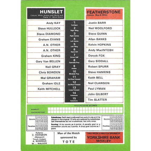1984/85 Hunslet v Featherstone Rovers Rugby League programme