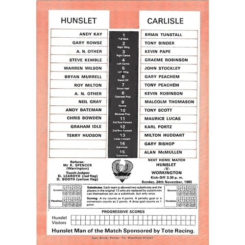 1985/86 Hunslet v Carlisle Rugby League programme