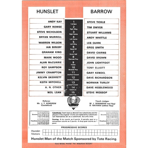 1985/86 Hunslet v Barrow Rugby League programme
