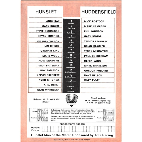 1985/86 Hunslet v Huddersfield Barracudas Rugby League programme