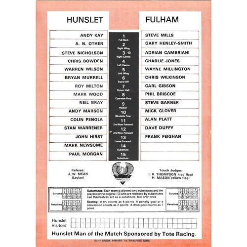 1985/86 Hunslet v Fulham Rugby League programme
