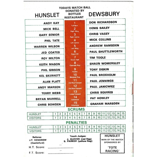 1986/87 Hunslet v Dewsbury Rugby League programme