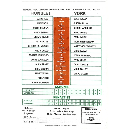 1986/87 Hunslet v York Rugby League programme
