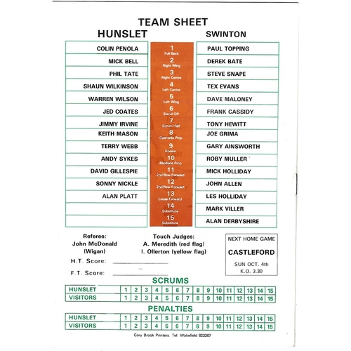1987/88 Hunslet v Swinton Rugby League programme