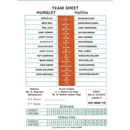 1987/88 Hunslet v Halifax Rugby League programme