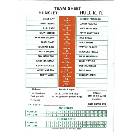 1987/88 Hunslet v Hull Kingston Rovers Rugby League programme