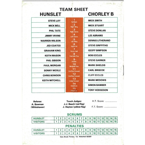1988/89 Hunslet v Chorley Borough Rugby League programme