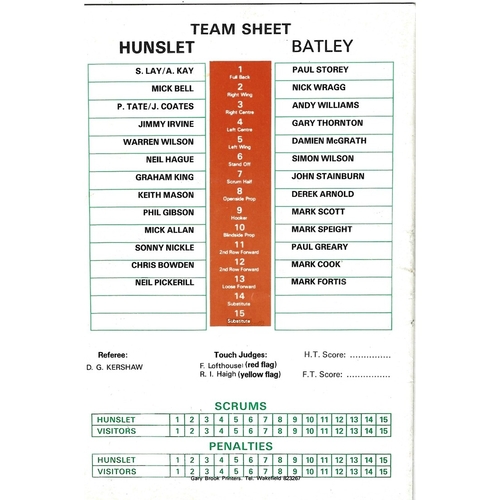 1988/89 Hunslet v Batley Rugby League programme