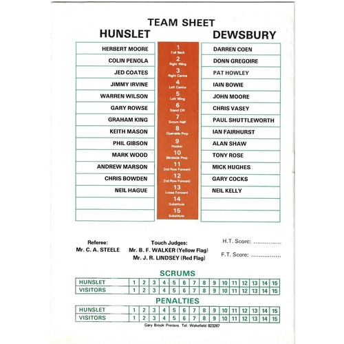 1988/89 Hunslet v Dewsbury Rugby League programme