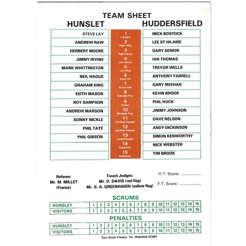 1988/89 Hunslet v Huddersfield Rugby League programme