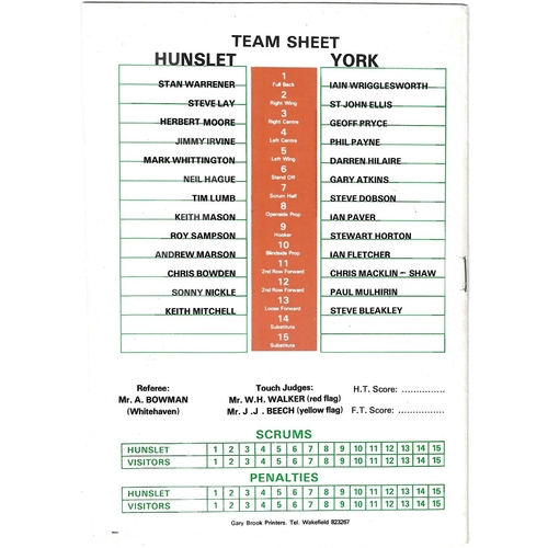 1988/89 Hunslet v York Rugby League programme