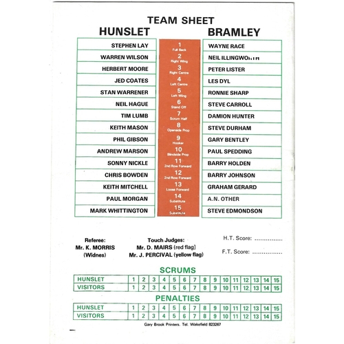 1988/89 Hunslet v Bramley Rugby League programme