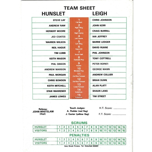 1988/89 Hunslet v Leigh Rugby League programme