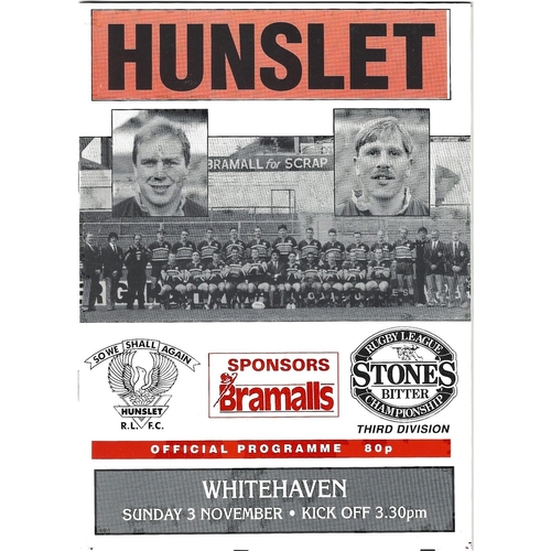1991/92 Hunslet v Whitehaven Rugby League programme
