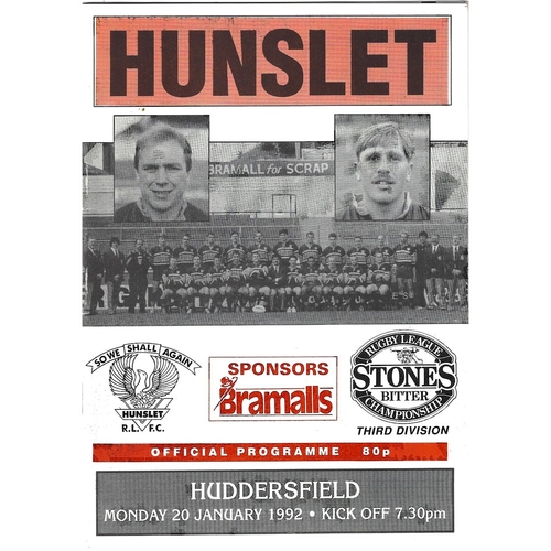 1991/92 Hunslet v Huddersfield Rugby League programme
