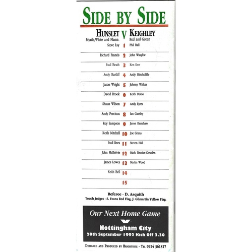 1992/93 Hunslet v Keighley Cougars Rugby League programme