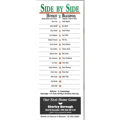 1992/93 Hunslet v Blackpool Gladiators Rugby League programme