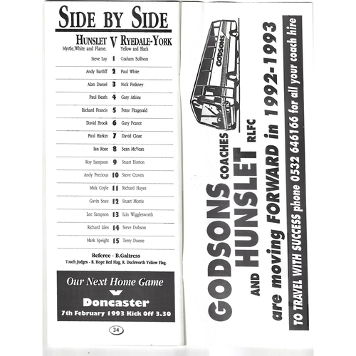 1992/93 Hunslet v Ryedale York Rugby League Challenge Cup 1st Round programme