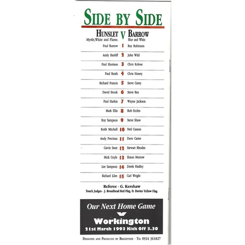 1992/93 Hunslet v Barrow Rugby League programme