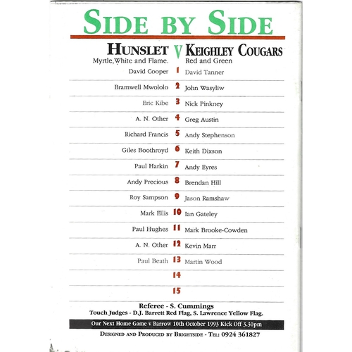 1993/94 Hunslet v Keighley Cougars Rugby League programme
