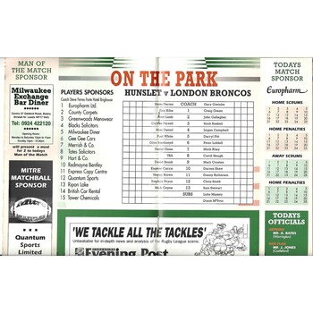 1994/95 Hunslet v London Broncos Rugby League programme
