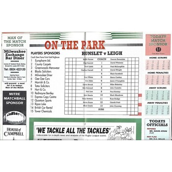 1994/95 Hunslet v Leigh Rugby League programme