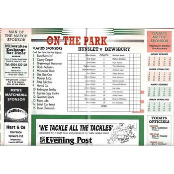 1994/95 Hunslet v Dewsbury Rugby League programme