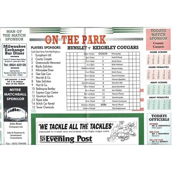 1994/95 Hunslet v Keighley Cougars Rugby League programme