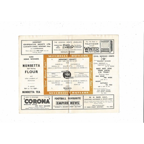 1952/53 Newport County v Walsall Football Programme