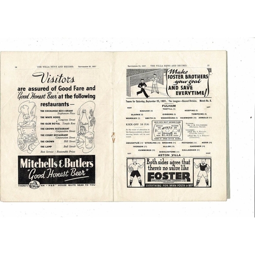 1937/38 Aston Villa v Fulham Football Programme