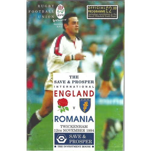 1994 England v Romania International Rugby Union Programme