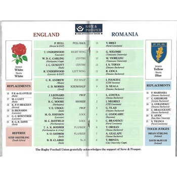 1994 England v Romania International Rugby Union Programme