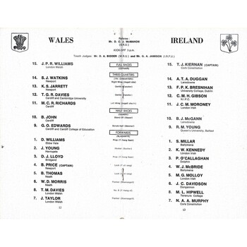 1969 Wales v Ireland 5 Nations Rugby Union Programme