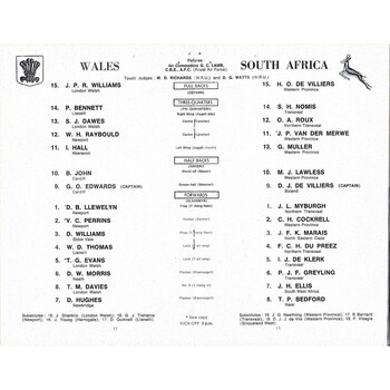 1970 Wales v South Africa International Rugby Union Programme
