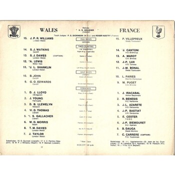 1970 Wales v France 5 Nations Rugby Union Programme