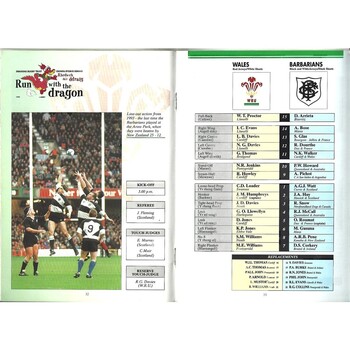 1996 Wales v Barbarians International Rugby Union Programme