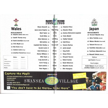 1999 Wales v Japan Rugby World Cup Pool Game Rugby Union Programme