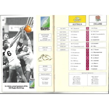 1991 Australia v England Rugby World Cup Final Rugby Union Programme