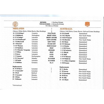 1981/82 Midlands v Australia Tour Match Rugby Union programme